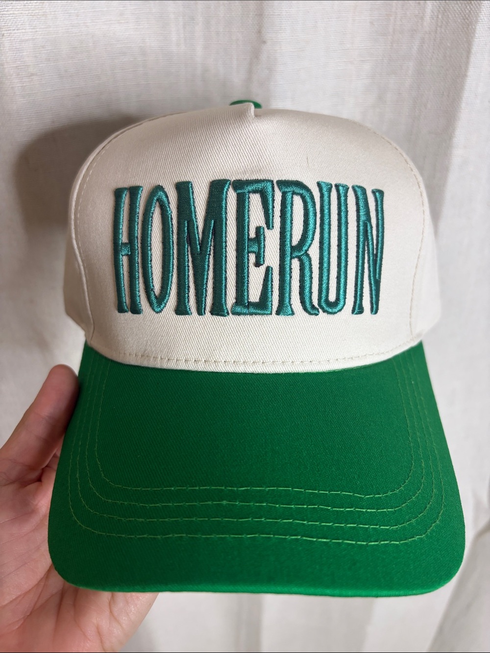 C.C Cream and Green "HOMERUN" Embroidered Baseball Hat
